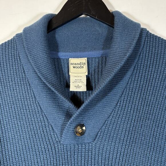 Blue Shawl Neck Sweater Men Medium Scandia Woods Preppy Pockets Button - Picture 5 of 9